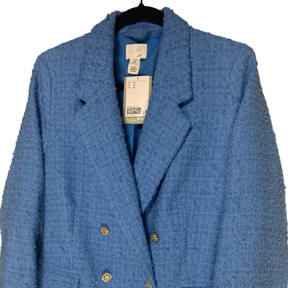 HM Blue Tweed Double Breasted Blazer‎ Gold Button Boucle Jacket Size M New